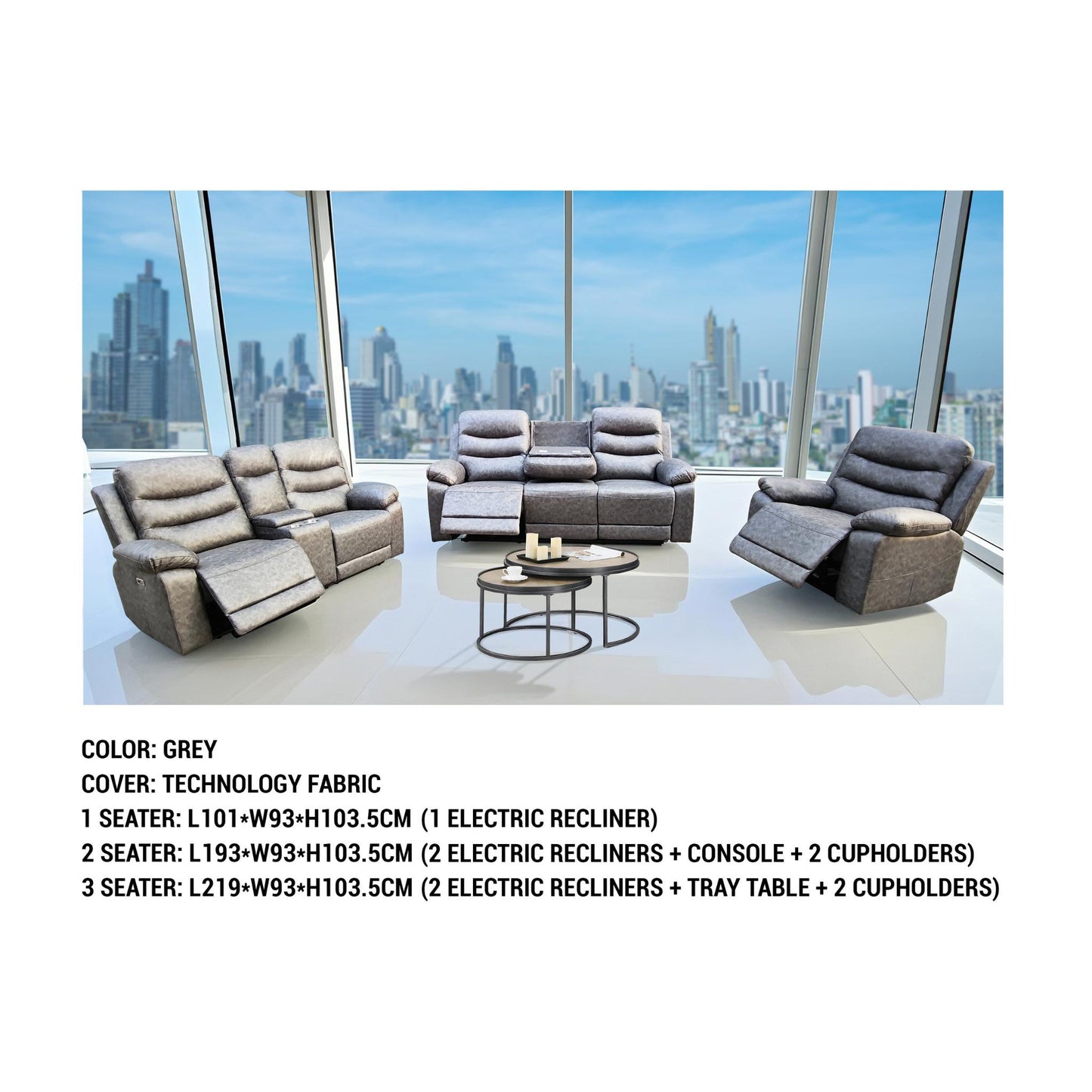 London Grey Electric Recliner Set (1+2+3 Seaters)