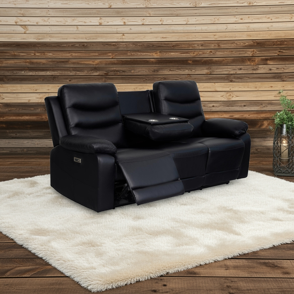 London 3 Seater Black Electric Recliner